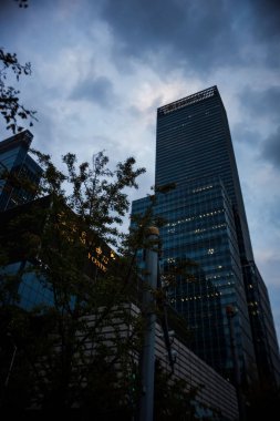 Şangay 'daki cam bina cephesinin düşük açılı görüntüsü.