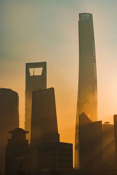 Plano Vertical Los Rascacielos Pudong Skyline Junto Río Durante Amanecer —  Fotos de Stock