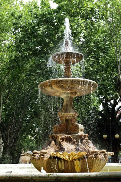 位于西班牙科尔多瓦古城的绿油油的绿洲 梅尔塞花园中央的喷泉 — 图库照片