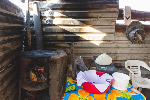 Mexican Woman Torturing Corn Mace Metate Wood Stove Make Homemade — Stock Photo, Image