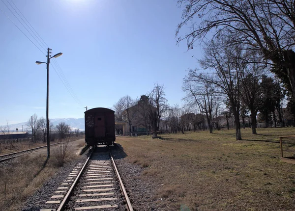Old Cargo Train Wagon Rails Abandoned Station — Stock Photo, Image