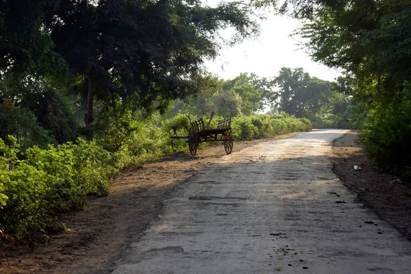 Uma Estrada Curva Área Rural Estrada Árvores Floresta Com Carrinho — Fotografia de Stock