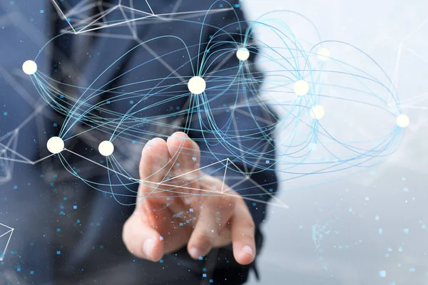 Bir adam soyut bir ağ üzerinde iki parmağıyla mavi ve beyaz renklerde geziniyor.