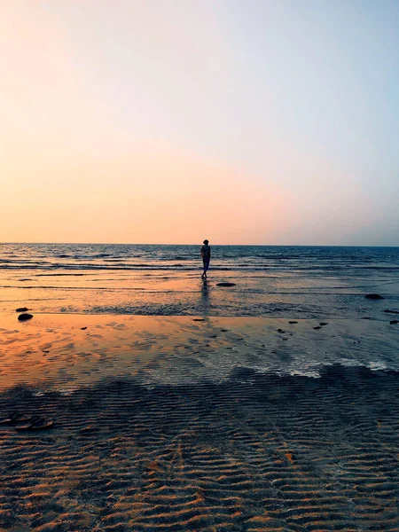 Vertical Distant View Young Female Walking Coast Ocean Sunset — Stock Photo, Image