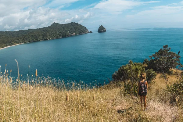 Вид Воздуха Девушку Идущую Пляж Нью Чамс Новая Зеландия — стоковое фото