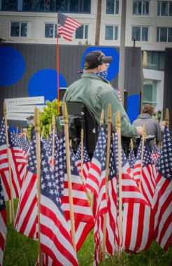 Birleşik Devletler bayraklarının dikey çekimi, Birleşik Devletler 'in Everett, Washington, ABD' deki anma töreninde