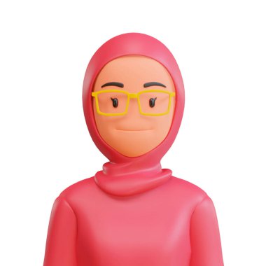 Üç boyutlu tesettürlü ve gözlüklü Müslüman bir kadın arkadaşça gülümsüyor.