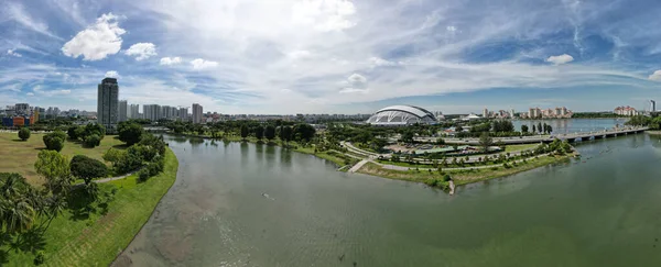 Marina Körfezi Kumu Nda Singapur Binalar Yeşil Manzaralı Panoramik Bir — Stok fotoğraf
