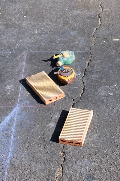 Two Construction Drawings Bricks Construction Site Building Materials — Stock Photo, Image