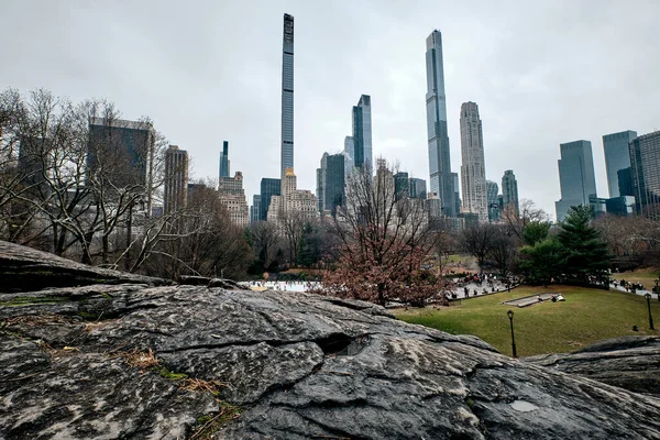 Una Vista Panorámica Del Central Park Contra Los Rascacielos Manhattan — Foto de Stock