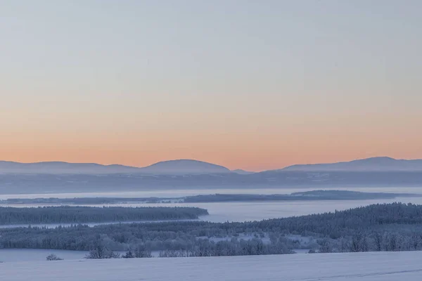Paisaje Tranquilo Paisaje Con Bosque Cubierto Nieve Durante Atardecer Suecia —  Fotos de Stock
