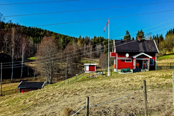 Ein Blick Auf Schwarz Rote Hütte Grünen Feld Umgeben Von — Stockfoto