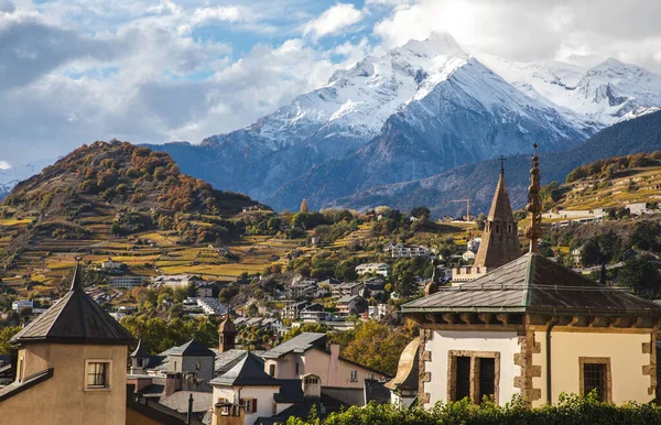 Blick Über Die Historische Stadt Sion Der Schweiz Mit Verschneiten — Stockfoto