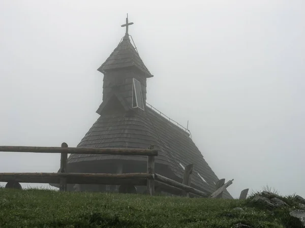 Wooden Tower Cross Church Mary Snows Foggy Day Velika Planina — Stock Photo, Image