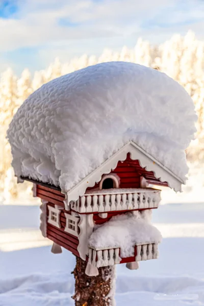 一张红色装饰鸟舍的垂直特写照片 上面有雪 — 图库照片