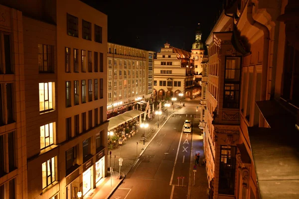 Centro Cidade Leipzig Noite Com Old City Hall Segundo Plano — Fotografia de Stock