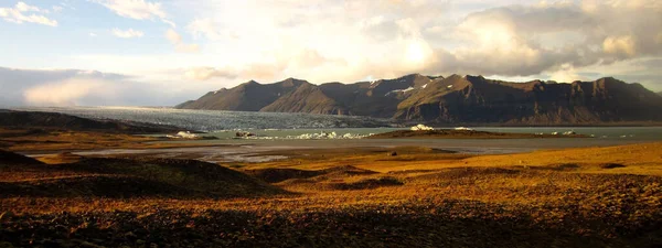 Panoramiczny Widok Lagunę Lodowca Joekulsarlon Islandia Zachodzie Słońca — Zdjęcie stockowe