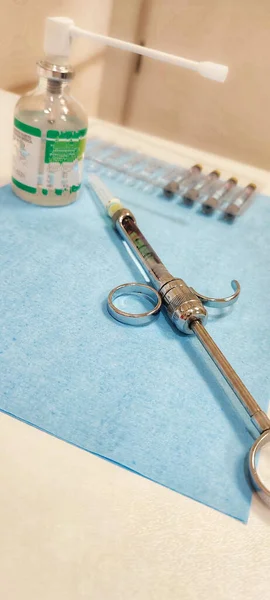 Vertical Shot Dental Instruments Syringe Anesthesia — Stock Photo, Image