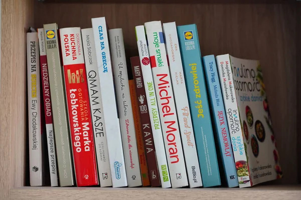 Closeup Polish Cook Books Wooden Shelf — Stock Photo, Image