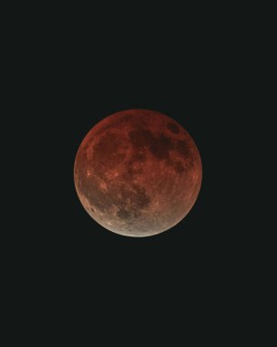 Siyah gökyüzünde kırmızı dolunayın dikey güzel bir görüntüsü