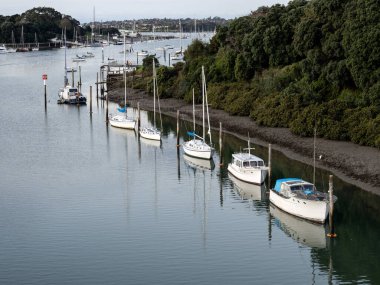 Tamaki Nehri 'nin (Auckland, Yeni Zelanda) demirli tekneleriyle hava manzarası. Stok fotoğrafı.
