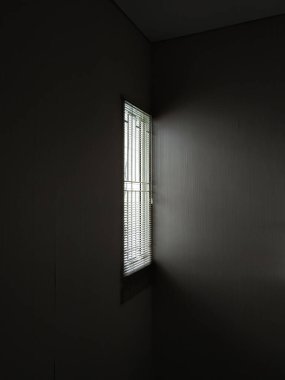 Karanlık bir odanın penceresinin gri tonlu bir görüntüsü.