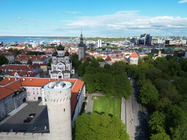 Alexander Nevsky Katedrali 'nin şehir manzarasına karşı Toompea Kalesi manzarası. Tallinn, Estonya.