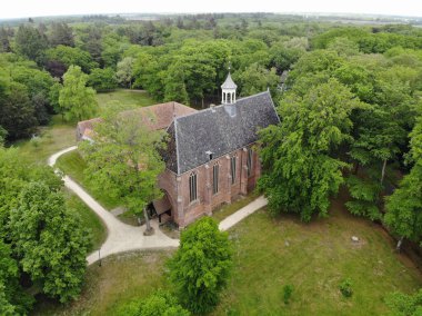 Yeşil manzaralı eski bir şatonun insansız hava aracı görüntüsü. Gün ışığında ağaçlarla çevrili.