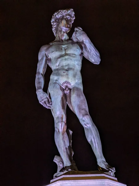 Tiro Ângulo Baixo Uma Réplica Estátua David Michaelangelo Durante Noite — Fotografia de Stock