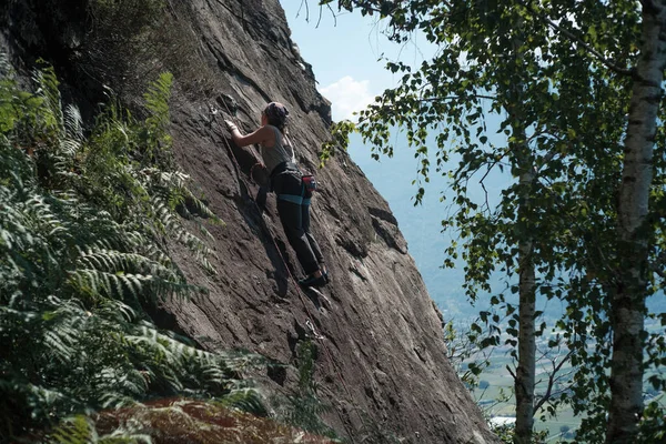Die Junge Bergsteigerin Felsigen Hang Umgeben Von Grüner Vegetation — Stockfoto