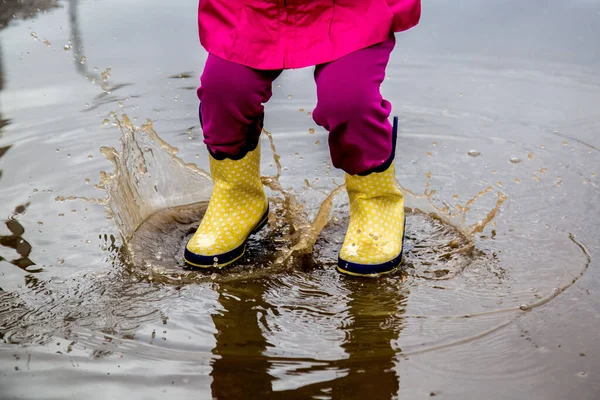 Legs Child Yellow Rubber Boots Puddle — Stock Photo, Image