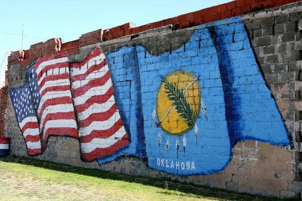 Sinal Oklahoma Parede Lado Bandeira Dos Eua Oklahoma — Fotografia de Stock