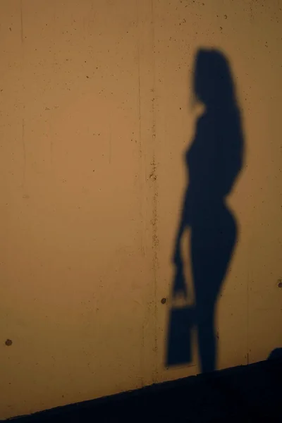 Вертикальный Снимок Женского Силуэта Ожидающего Бетонной Стене — стоковое фото