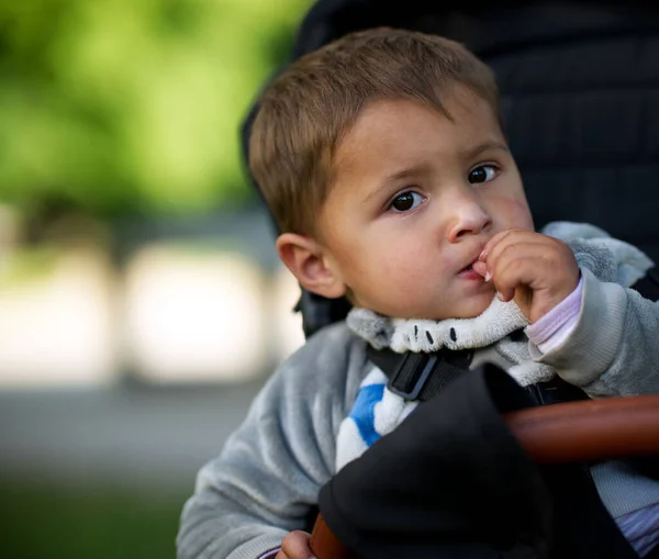 Porträt Eines Schönen Kaukasischen Jungen Der Seinem Babystuhl Auf Schwarzem — Stockfoto