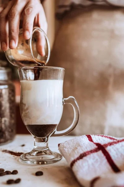 Vertical Closeup Person Pouring Coffee Milk Chocolate Syrup Glass — Stock Photo, Image