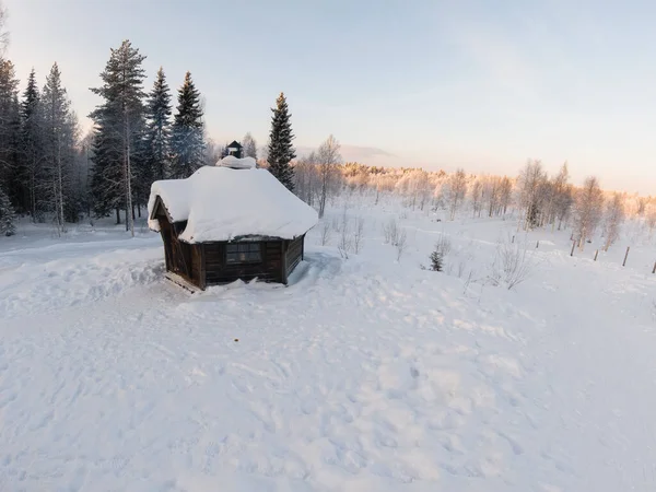 Petit Chalet Bois Entouré Neige Laponie Finlande — Photo