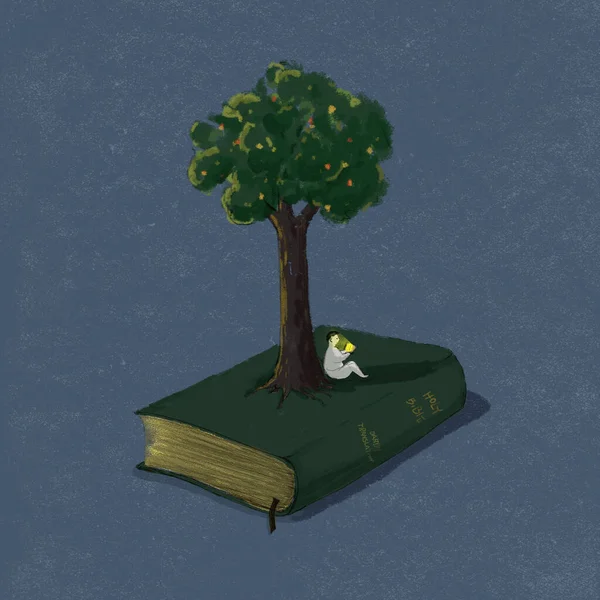 緑の本の上に座って青い背景の木に寄りかかっている男のイラスト — ストック写真