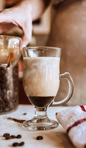 Vertical Closeup Person Pouring Coffee Milk Chocolate Syrup Glass — Stock Photo, Image