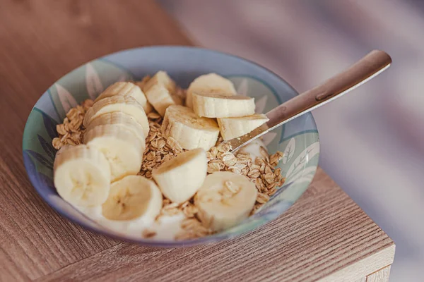 Closeup Bowl Oats Bananas Breakfast — Stock Photo, Image
