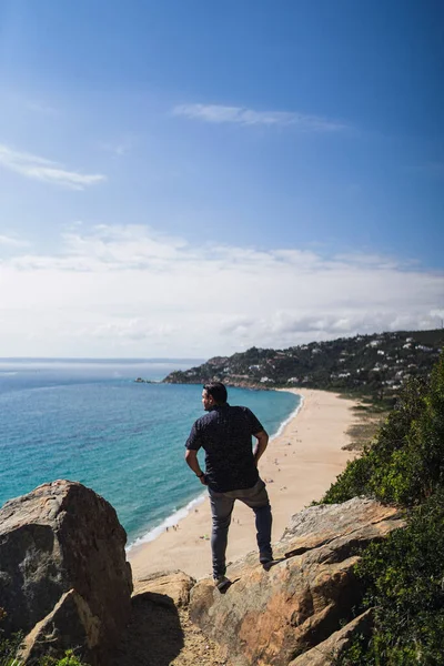 Caucasian Man Standing Alone Rock Watching Sea Calm Beach Spain — Stock Photo, Image
