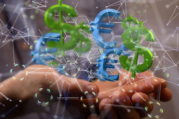 Een Abstract Netwerk Met Dollar Eurotekens Die Boven Iemands Handpalmen — Stockfoto