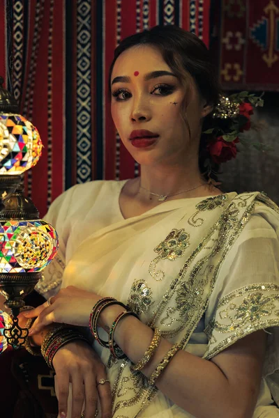 Vertical Shot South Asian Woman Holding Beautiful Lamp — Stock Photo, Image