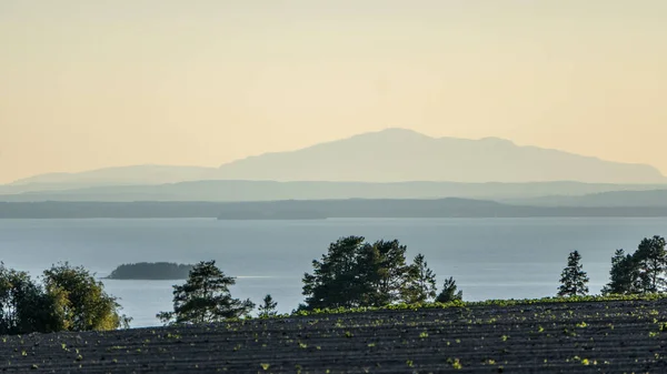 Una Hermosa Vista Del Prado Cerca Del Lago Con Montañas — Foto de Stock