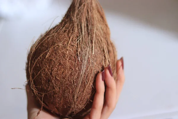 Selektiv Fokusbild Kvinnas Fingrar Som Håller Kokosnöt — Stockfoto