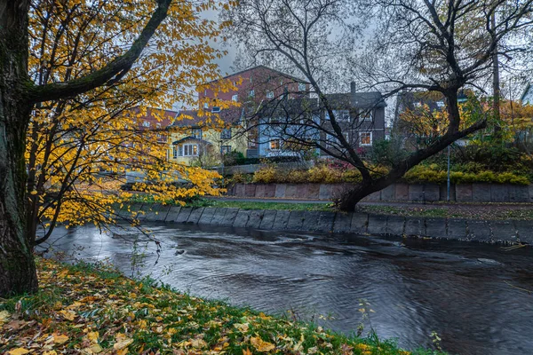 Ein Kleiner Fluss Fließt Herbst Durch Bunte Bäume Mit Gebäuden — Stockfoto