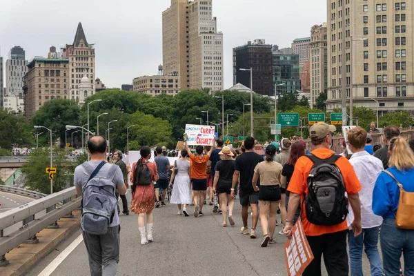 抗议枪支的人群很多 从布鲁克林卡门广场穿过布鲁克林桥步行到纽约 在我们的生活中游行抗议 — 图库照片