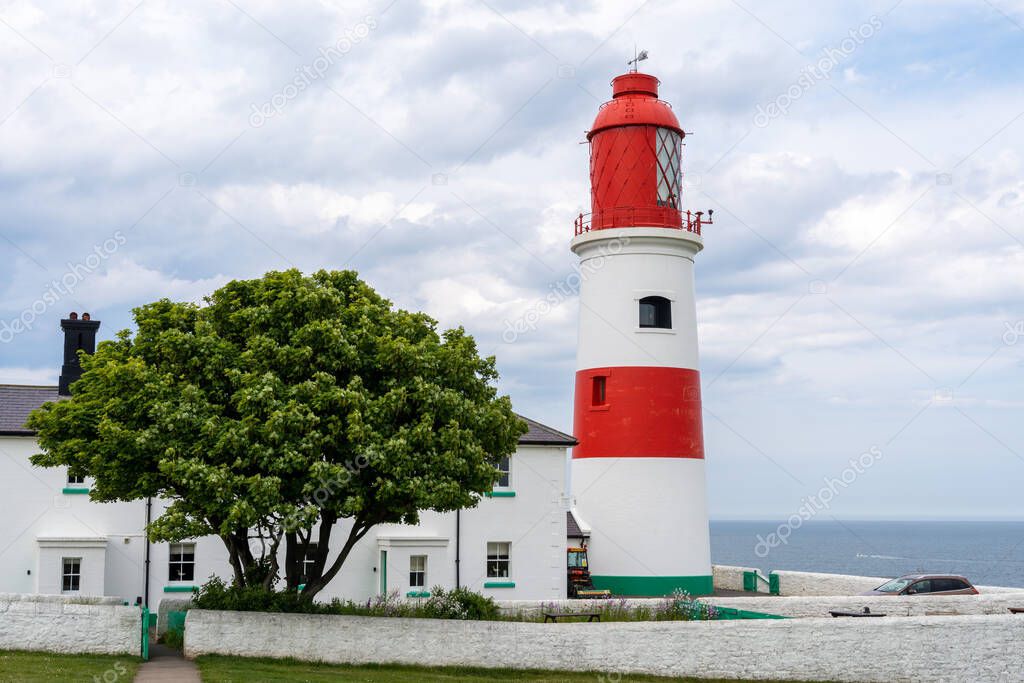 Souter Lighthouse, near Marsden, South Tyneside, UK, viewed from the public path at The Leas.