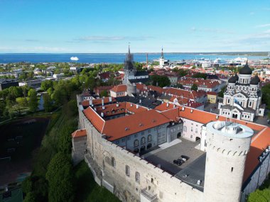 Alexander Nevsky Katedrali 'nin şehir manzarasına karşı Toompea Kalesi manzarası. Tallinn, Estonya.