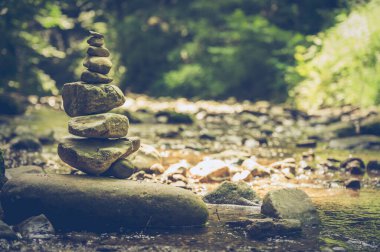 Arka planda doğa olan nehir kenarındaki bir kaya yığınının yakın plan çekimi.