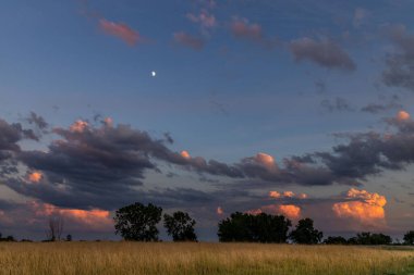 Gün batımında altın tarlanın üzerindeki güzel bulut manzarası.